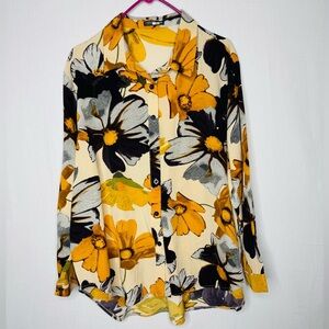 Womens Button Down Shirt Cotto Bold Floral 2X Long Sleeve Casual Office Workwear